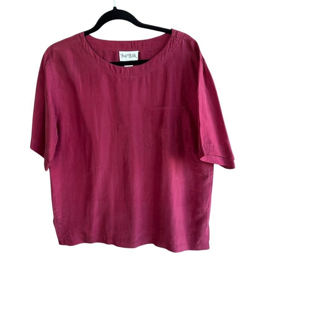 Just Silk Vintage Blouse Classic Cranberry Red Short Sleeve Boxy Top Size Large
